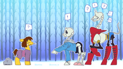 Size: 1280x715 | Tagged: safe, artist:ziznine69, bandage, frisk, papyrus (undertale), ponified, rock, sans (undertale), stick, undertale