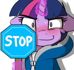 Size: 1200x1139 | Tagged: safe, artist:captainpudgemuffin, edit, twilight sparkle, blushing, clothes, floppy ears, hoodie, levitation, looking at you, magic, octagon, sans (undertale), simple background, smiling, solo, stop, stop sign, sweat, telekinesis, transparent background, undertale, wide eyes