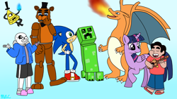 Size: 1920x1080 | Tagged: safe, artist:lunarwinglatias, twilight sparkle, twilight sparkle (alicorn), alicorn, pony, bill cipher, charizard, creeper, crossover, five nights at freddy's, freddy fazbear, gravity falls, minecraft, pokémon, sans (undertale), sonic the hedgehog, sonic the hedgehog (series), steven quartz universe, steven universe, ukulele, undertale