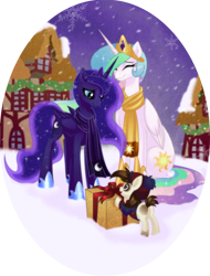 Size: 800x1050 | Tagged: safe, artist:rizcifra, pipsqueak, princess celestia, princess luna, alicorn, earth pony, pony, christmas, clothes, colt, eyes closed, female, hat, hearth's warming eve, lunapip, male, mare, present, scarf, shipping, snow, snowfall, straight, sweet, trio