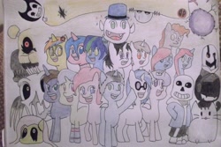 Size: 4608x3072 | Tagged: safe, artist:raventheghost, derpibooru import, dj pon-3, pinkie pie, vinyl scratch, oc, oc:raven blake, earth pony, pony, unicorn, absurd resolution, bendy and the ink machine, bendy the demon, crossover, five nights at freddy's, monstercat, sans (undertale), traditional art, undertale