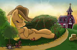 Size: 2328x1515 | Tagged: safe, artist:made-in-donuts, applejack, big macintosh, earth pony, pony, big-apple-pony, freckles, giant pony, giantess, macro, male, resting, signature, size difference, stallion, sweet apple acres