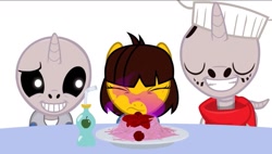 Size: 1271x722 | Tagged: safe, artist:☆неадекват animations☆, screencap, food, frisk, papyrus (undertale), pasta, ponified, sans (undertale), skeleton, spaghetti, undertale