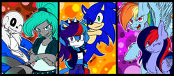 Size: 1280x564 | Tagged: safe, artist:mysteryponyfan, derpibooru import, rainbow dash, oc, oc:catherine, oc:mystic colour, oc:shala, pegasus, pony, crossover, sans (undertale), sonic the hedgehog, sonic the hedgehog (series), undertale