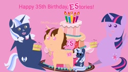 Size: 1920x1080 | Tagged: safe, artist:estories, artist:funimation2002, artist:steampunk-brony, twilight sparkle, twilight sparkle (alicorn), oc, oc:silverlay, oc:think pink, alicorn, belly, bloated, cake, doll, fat, food, logo, messy, messy eating, silverlard, stuffed, stuffed belly, toy, twilard sparkle