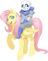 Size: 1714x2196 | Tagged: safe, artist:pyoo-kee-pony, derpibooru import, fluttershy, pegasus, pony, duo, humans riding ponies, raised hoof, sans (undertale), simple background, smiling, spread wings, standing, transparent background, underswap, undertale, wings