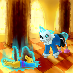 Size: 1600x1600 | Tagged: safe, artist:lemurcat, earth pony, pony, unicorn, bad time, duo, fight, frisk, magic, magic aura, ponified, sans (undertale), skeleton, underhoof, undertale