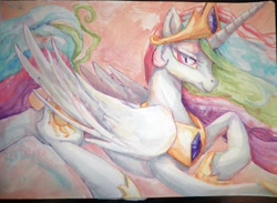 Size: 2000x1466 | Tagged: dead source, safe, artist:buttercupsaiyan, princess celestia, alicorn, pony, female, mare, painting, slit eyes, solo, watercolor painting