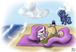 Size: 2400x1650 | Tagged: safe, artist:leadhooves, princess celestia, princess luna, alicorn, pony, beach, cute, female, filly, flying, prone, sandcastle, tongue out, water, woona, young