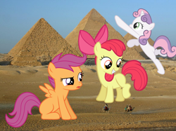 Size: 922x691 | Tagged: safe, artist:bigccv, artist:lilcinnamon, artist:somerandomminion, artist:synthrid, apple bloom, scootaloo, sweetie belle, pony, .svg available, cutie mark crusaders, egypt, giant pony, irl, macro, photo, ponies in real life, pyramid, svg, vector