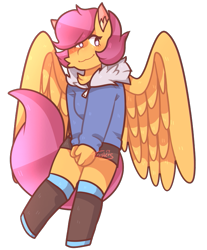 Size: 671x812 | Tagged: safe, artist:treesters, scootaloo, oc, oc:ponytale scootaloo, anthro, unguligrade anthro, comic:ponytale, cheek fluff, clothes, coat, cute, cutealoo, ear fluff, female, neck fluff, sans (undertale), simple background, solo, spread wings, transparent background, undertale, wings