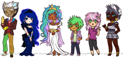 Size: 1263x593 | Tagged: safe, artist:ponymonster, cheerilee, discord, princess celestia, princess luna, spike, zecora, human, alternate hairstyle, chibi, dark skin, female, humanized, male, simple background, white background