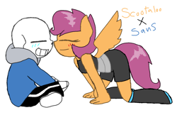 Size: 1263x817 | Tagged: safe, artist:synnibear03, scootaloo, oc, oc:ponytale scootaloo, oc:scootaloo loves sans, anthro, comic:ponytale, blushing, crack shipping, crossover, crossover shipping, female, male, sans (undertale), scootaloo loves sans, scootasans, shipping, straight, undertale