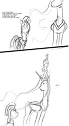 Size: 648x1176 | Tagged: safe, artist:d715, princess celestia, smarty pants, twilight sparkle, alicorn, pony, unicorn, comic, female, filly, filly twilight sparkle, male, mare, momlestia, monochrome, ponies riding ponies, pony hat, royal guard, stallion