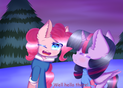 Size: 1400x1000 | Tagged: safe, artist:scootalightheartoc, derpibooru import, pinkie pie, twilight sparkle, twilight sparkle (alicorn), alicorn, earth pony, pony, clothes, crossover, duo, ear fluff, female, jacket, mare, one eye closed, sans (undertale), sans pie, twilight friskle, undertale, wink