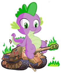 Size: 1024x1219 | Tagged: safe, artist:waffengrunt, spike, dragon, destroyed, destruction, fire, green fire, jagdpanther, macro, solo, tank (vehicle), tank fetish