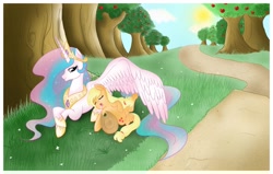 Size: 2460x1560 | Tagged: safe, artist:steffy-beff, applejack, princess celestia, alicorn, earth pony, pony, cute, female, mare, on back, orchard, prone, sleeping, wing blanket