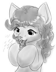 Size: 673x870 | Tagged: safe, artist:alloyrabbit, pinkie pie, human, pony, cute, ear fluff, giant pony, giggling, grayscale, human ponidox, humanized, laughing, licking, macro, monochrome, monologue, size difference, tongue out