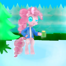 Size: 2000x2000 | Tagged: safe, artist:tranvybang123456789, derpibooru import, pinkie pie, earth pony, pony, apple cider, bipedal, clothes, hoof hold, hooves on hips, looking at you, mug, sans (undertale), smiling, sweater, tree, undertale