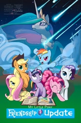 Size: 729x1100 | Tagged: safe, artist:tswt, applejack, fluttershy, pinkie pie, princess celestia, rainbow dash, rarity, twilight sparkle, alicorn, earth pony, pegasus, pony, unicorn, comic:friendship update, comic, cover art, female, mane six, mare, shooting star