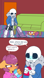 Size: 2600x4524 | Tagged: safe, artist:synnibear03, scootaloo, oc, oc:ponytale scootaloo, anthro, comic:ponytale, comic, female, male, sans (undertale), scootasans, shipping, straight, undertale