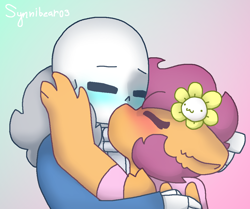 Size: 2140x1788 | Tagged: safe, artist:synnibear03, scootaloo, oc, oc:ponytale scootaloo, anthro, comic:ponytale, :3, crossover, crossover shipping, female, flowey, gradient background, kissing, male, sans (undertale), scootaloo loves sans, scootasans, shipping, straight, undertale