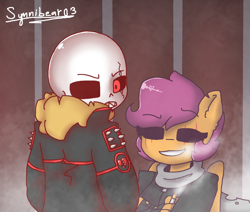 Size: 2600x2200 | Tagged: safe, artist:synnibear03, scootaloo, oc, oc:ponytale scootaloo, anthro, comic:ponytale, crossover, crossover shipping, edgy, female, male, sans (undertale), scootaloo loves sans, scootasans, shipping, straight, underfell, underfell scootaloo, undertale