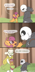 Size: 2124x4396 | Tagged: safe, artist:synnibear03, scootaloo, oc, oc:ponytale scootaloo, anthro, comic:ponytale, clothes, comic, crossover, dress, reapertale, reapertale scootaloo, sans (undertale), toriel, undertale