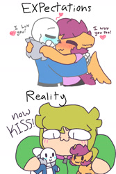 Size: 1600x2400 | Tagged: safe, artist:synnibear03, scootaloo, oc, oc:ponytale scootaloo, anthro, human, comic:ponytale, crack shipping, crossover, crossover shipping, expectation vs reality, female, male, now kiss, sans (undertale), scootasans, shipper on deck, shipping, straight, undertale