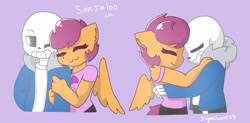 Size: 2068x1020 | Tagged: safe, artist:synnibear03, scootaloo, oc, oc:ponytale scootaloo, anthro, comic:ponytale, crossover, crossover shipping, female, male, sans (undertale), scootasans, shipping, straight, undertale