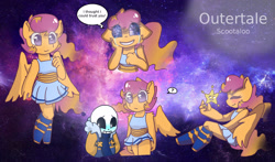 Size: 2484x1456 | Tagged: safe, artist:synnibear03, scootaloo, oc, oc:ponytale scootaloo, anthro, comic:ponytale, blue underwear, clothes, crossover, crossover shipping, dress, female, male, outertale, outertale scootaloo, panties, sans (undertale), scootasans, shipping, skirt, straight, undertale, underwear, upskirt