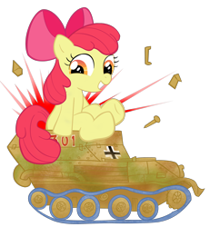 Size: 2400x2600 | Tagged: safe, artist:waffengrunt, apple bloom, pony, apple bloom's bow, bow, destroyed, destruction, fart, giant pony, hair bow, hip drop, iron plot, macro, solo, tank (vehicle), tank fetish
