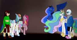 Size: 2085x1096 | Tagged: safe, artist:ggchristian, derpibooru import, pinkie pie, princess celestia, princess luna, rainbow dash, alicorn, earth pony, pegasus, pony, fanfic:cupcakes, fanfic:rainbow factory, chara, crossover, cutie mark dress, knife, pinkamena diane pie, rainbow factory dash, sans (undertale), undertale