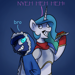 Size: 1200x1200 | Tagged: safe, artist:anticular, princess celestia, princess luna, alicorn, pony, armor, ask sunshine and moonbeams, clothes, comic sans, costume, derp, dialogue, duo, duo female, female, glowing eyes, grin, halloween, hood, hoodie, hoof hold, mare, nyeh heh heh, papyrus, papyrus (font), papyrus (undertale), sans (undertale), smiling, spaghetti, undertale, wide eyes