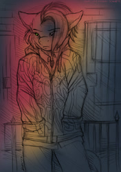 Size: 775x1100 | Tagged: safe, artist:kaemantis, babs seed, anthro, alleyway, clothes, coat, depressed, freckles, hair over one eye, hands in pockets, monochrome, older, sad, sketch, solo, standing