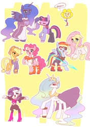 Size: 599x848 | Tagged: safe, artist:yukutamil, derpibooru import, applejack, discord, fluttershy, pinkie pie, princess celestia, princess luna, rainbow dash, rarity, twilight sparkle, alicorn, earth pony, pegasus, pony, unicorn, alphys, asgore dreemurr, clothes, costume, flowey, floweycord, flutteralphys, frisk, mane six, mettaton, mettaton ex, papyrus, papyrus (undertale), rainbowdyne, rariton, sans (undertale), toriel, twilight friskle, undertale, undyne