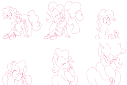 Size: 1280x853 | Tagged: safe, artist:goat train, part of a series, pinkie pie, oc, oc:anon, oc:generic messy hair anime anon, human, pony, giant pony, grin, growth, hug, kissing, lineart, macro, monochrome, sequence, size difference, smiling