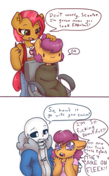Size: 495x800 | Tagged: safe, artist:synnibear03, babs seed, scootaloo, oc, oc:ponytale babs, oc:ponytale scootaloo, anthro, comic:ponytale, :3, crossover, dialogue, sans (undertale), undertale, vulgar
