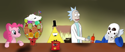 Size: 4800x2000 | Tagged: safe, artist:scpony, derpibooru import, pinkie pie, earth pony, pony, bill cipher, chips, crossover, doritos, flask, food, ketchup, rick and morty, rick sanchez, sans (undertale), sauce, sundae, unamused