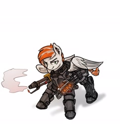 Size: 1984x2048 | Tagged: safe, artist:exlinard, oc, oc only, oc:manifest destiny, pegasus, pony, fallout equestria, action pose, armor, braid, braided tail, crossover, enclave, enclave armor, female, flamethrower, grand pegasus enclave, green eyes, gun, hellfire armor, multicolored hair, piercing, power armor, powered exoskeleton, rifle, simple background, smirk, smoke, solo, spread wings, standing, weapon, white background, wings