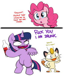 Size: 866x1030 | Tagged: safe, artist:shoutingisfun, pinkie pie, twilight sparkle, twilight sparkle (alicorn), alicorn, pony, 2 panel comic, alcohol, comic, context is for the weak, crossover, dialogue, drunk, drunk twilight, meowth, open mouth, pokémon, simple background, sweat, vodka, vulgar, wat, white background, worried