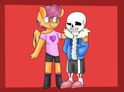 Size: 1024x767 | Tagged: safe, artist:clairedaartiste444, scootaloo, oc, oc:ponytale scootaloo, anthro, comic:ponytale, crossover, crossover shipping, female, male, sans (undertale), scootasans, shipping, straight, undertale