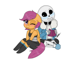 Size: 1024x823 | Tagged: safe, artist:tigresswilde89, scootaloo, oc, oc:ponytale scootaloo, anthro, comic:ponytale, crossover, crossover shipping, female, male, sans (undertale), scootasans, shipping, straight, undertale