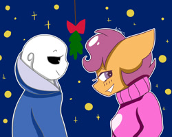 Size: 2000x1600 | Tagged: safe, artist:loveme321, scootaloo, oc, oc:ponytale scootaloo, anthro, comic:ponytale, crossover, crossover shipping, female, holly, holly mistaken for mistletoe, male, sans (undertale), scootasans, shipping, straight, undertale