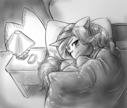 Size: 856x729 | Tagged: safe, artist:alloyrabbit, sunset shimmer, oc, oc:anon, human, pony, unicorn, bed, bedside stand, blanket, blushing, canopy bed, crying, curled up, curtains, lamp, micro, monochrome, pillow, sad, shading, size difference, sketch, snuggling, tissue