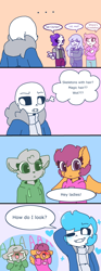 Size: 2124x5710 | Tagged: safe, artist:synnibear03, scootaloo, oc, oc:fano, oc:ponytale scootaloo, oc:susan, anthro, comic:ponytale, canon x oc, crossover, crossover shipping, female, male, sans (undertale), scootasans, shipping, straight, susans, undertale