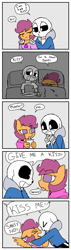 Size: 1000x3544 | Tagged: safe, artist:synnibear03, scootaloo, oc, oc:ponytale scootaloo, anthro, comic:ponytale, crossover, crossover shipping, female, male, sans (undertale), scootasans, shipping, straight, undertale