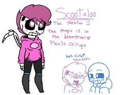 Size: 1063x789 | Tagged: safe, artist:synnibear03, scootaloo, oc, oc:ponytale scootaloo, comic:ponytale, bone, crossover, crossover shipping, female, male, sans (undertale), scootasans, shipping, skeleton, skeleton scootaloo, straight, undertale