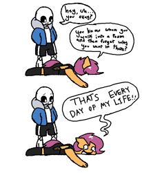 Size: 719x874 | Tagged: safe, artist:synnibear03, scootaloo, oc, oc:ponytale scootaloo, anthro, comic:ponytale, duo, relatable, sans (undertale), undertale