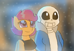 Size: 1113x781 | Tagged: safe, artist:synnibear03, scootaloo, oc, oc:ponytale scootaloo, anthro, comic:ponytale, crossover, crossover shipping, female, male, sans (undertale), shipping, straight, undertale